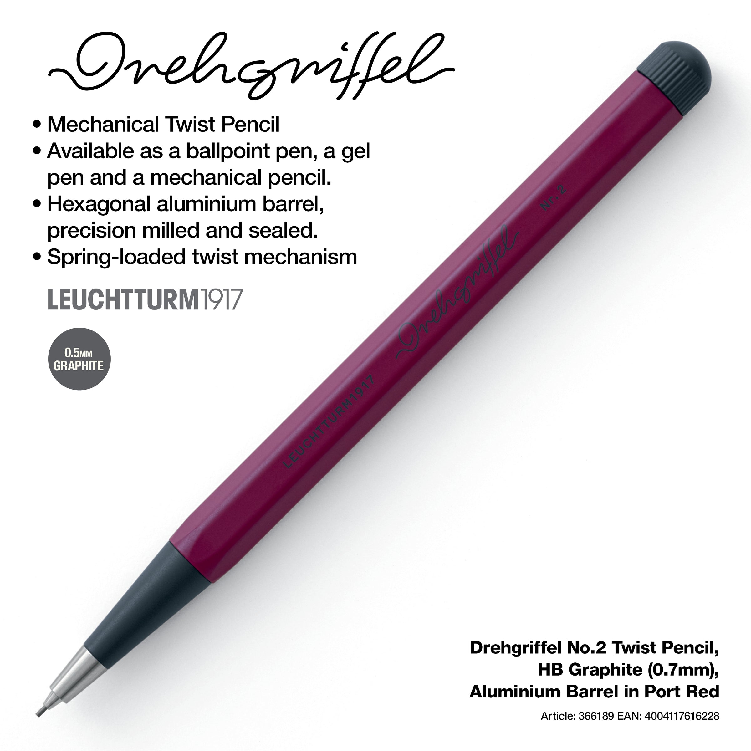LEUCHTTURM1917 0.7mm Mechanical Clutch Pencil | Graphite HB Lead | Drehgriffel No. 2 | Port Red | Twist Mechanism