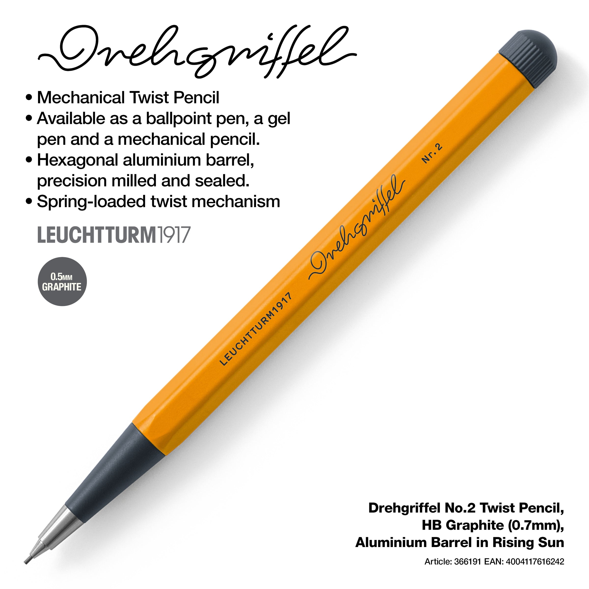LEUCHTTURM1917 0.7mm Mechanical Clutch Pencil | Graphite HB Lead | Drehgriffel No. 2 | Rising Sun Orange | Twist Mechanism