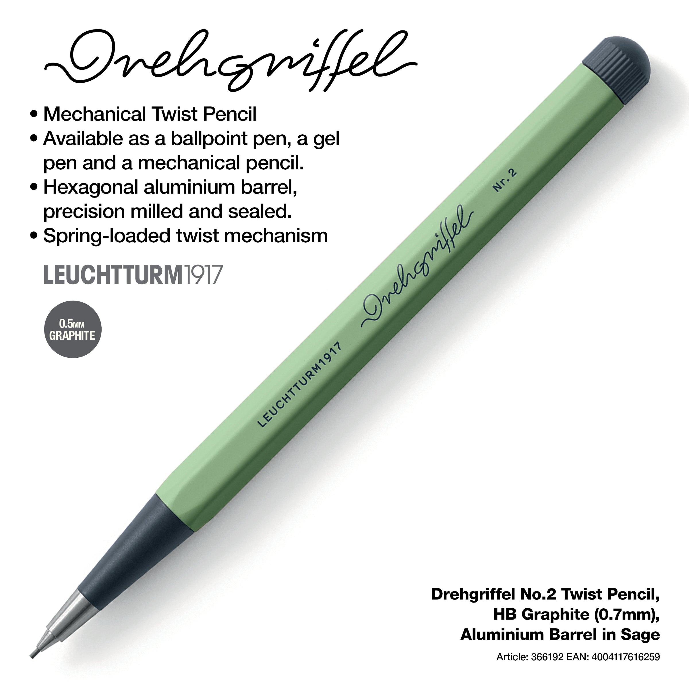 LEUCHTTURM1917 0.7mm Mechanical Clutch Pencil | Graphite HB Lead | Drehgriffel No. 2 | Sage Green | Twist Mechanism
