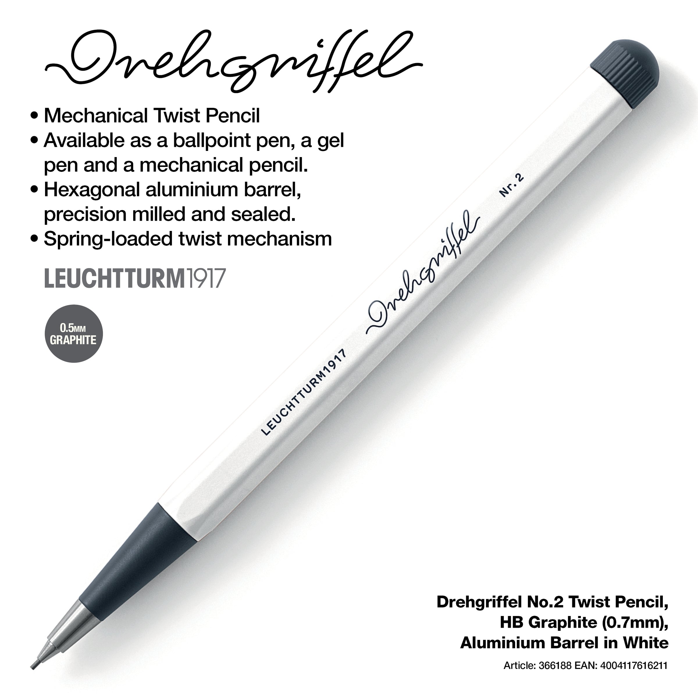 LEUCHTTURM1917 0.7mm Mechanical Clutch Pencil | Graphite HB Lead | Drehgriffel No. 2 | White | Twist Mechanism