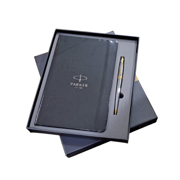 Parker Fusion Shiny Chrome GT Ball Pen with Black Large Notebook