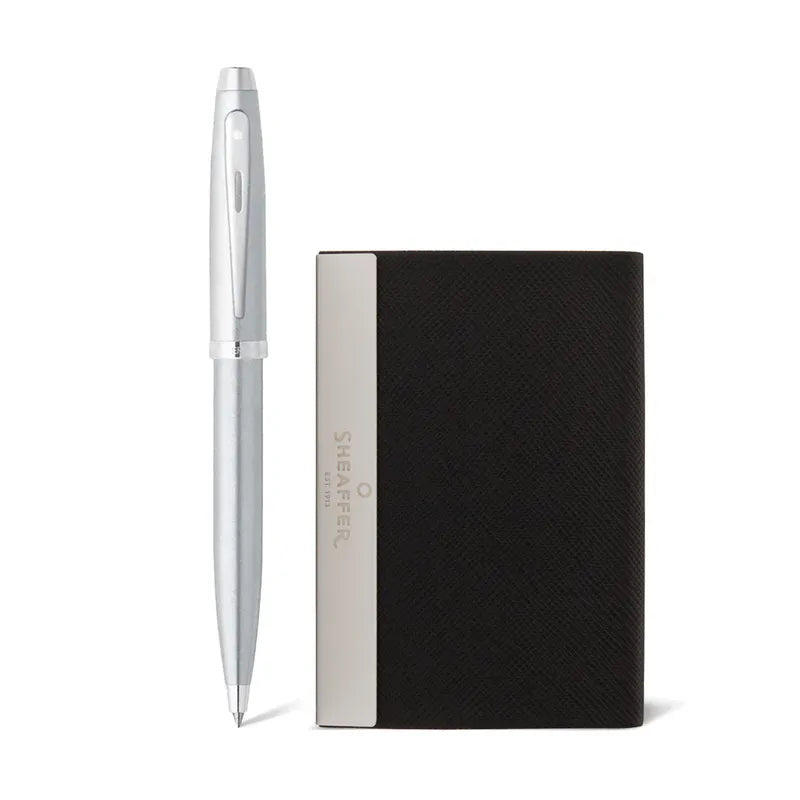 Sheaffer 9306 Gift Set 100 Brushed Chrome with Chrome Trims Ballpoint Pen with Business Card Holder | GIFT SET