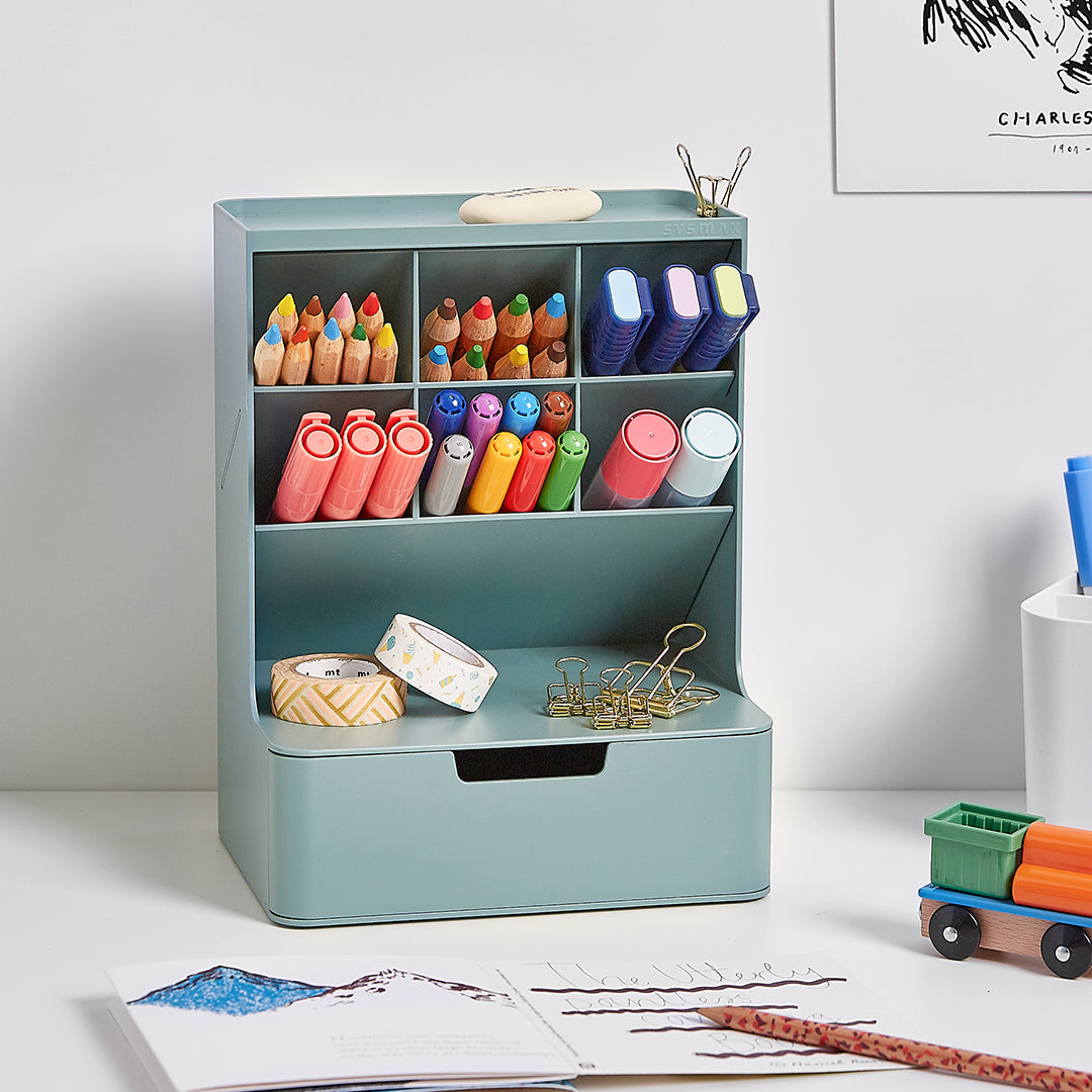 Sysmax | Hive Desk Organizer with 6 Compartments |1 Drawer| White| For Office & Home