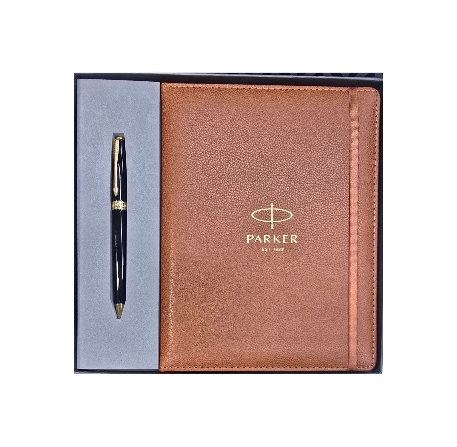 Parker Fusion Laque Black GT Ball Pen with Brown Large Notebook