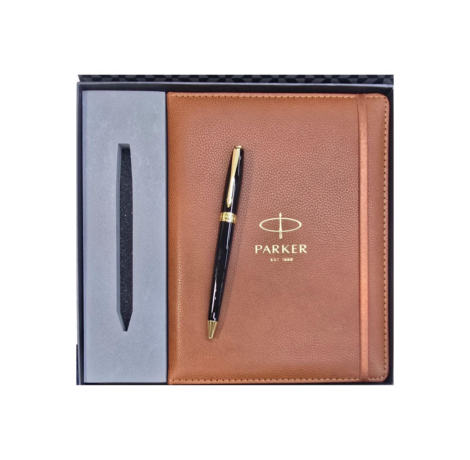 Parker Fusion Laque Black GT Ball Pen with Brown Large Notebook