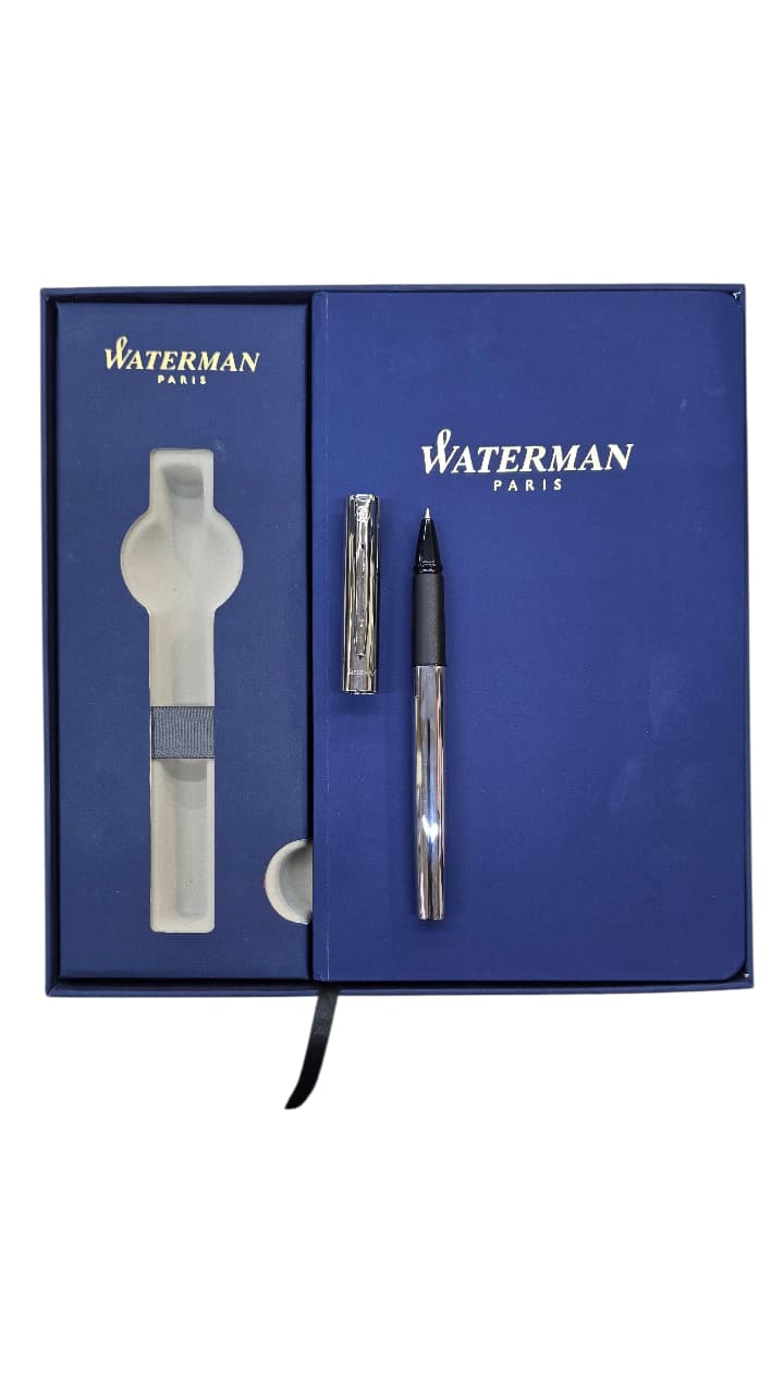 WATERMAN PHILEAS SHINY CHROME CHROME TRIM ROLLERBALL PEN WITH WATERMAN BLUE NOTEBOOK | GIFT SET