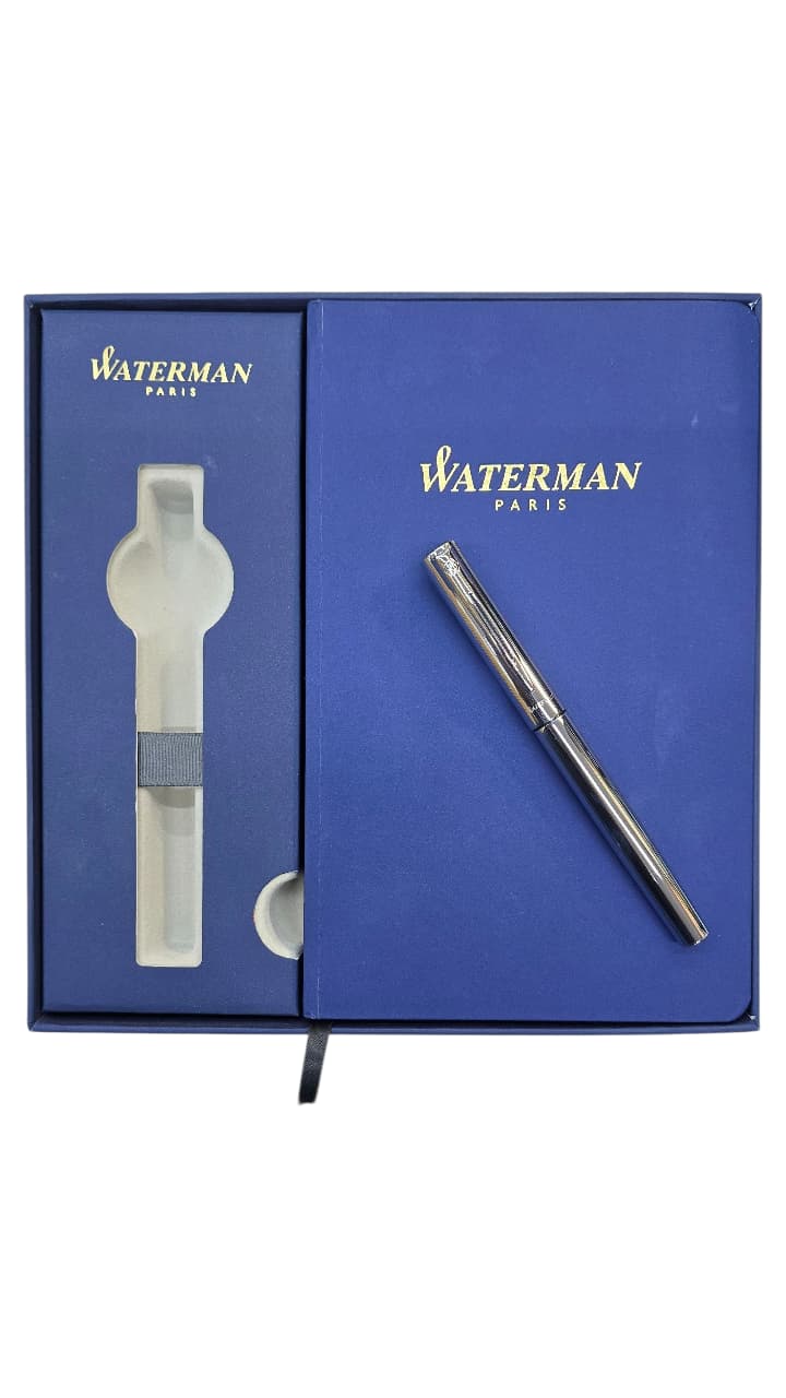 WATERMAN PHILEAS SHINY CHROME CHROME TRIM ROLLERBALL PEN WITH WATERMAN BLUE NOTEBOOK | GIFT SET