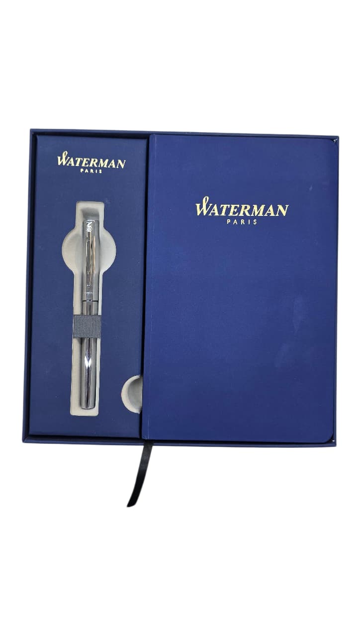 WATERMAN PHILEAS SHINY CHROME CHROME TRIM ROLLERBALL PEN WITH WATERMAN BLUE NOTEBOOK | GIFT SET