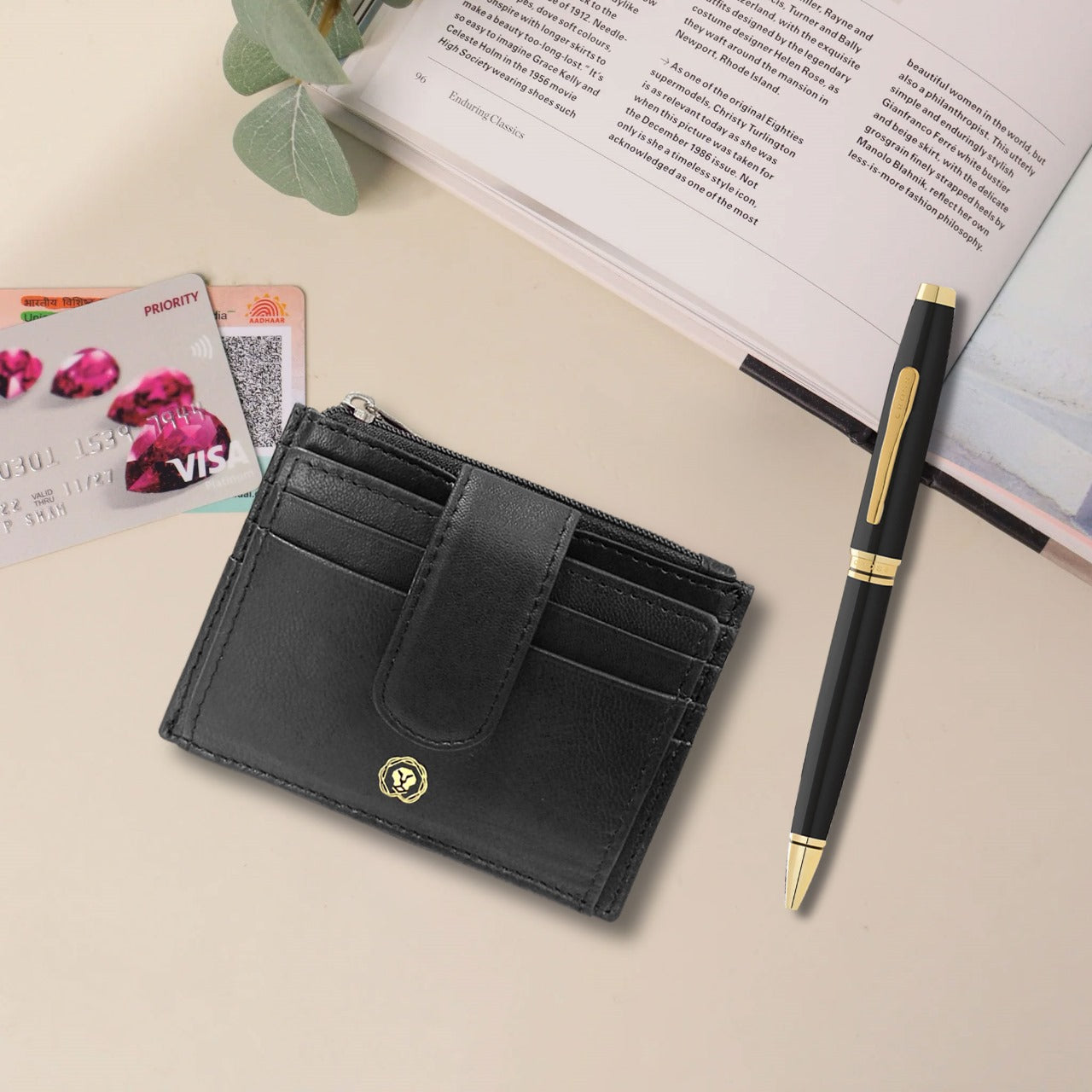 CROSS AT0662-11 COVENTRY LAQUE BLACK GOLD TRIM BALLPOINT PEN WITH CARD HOLDER | GIFT SET