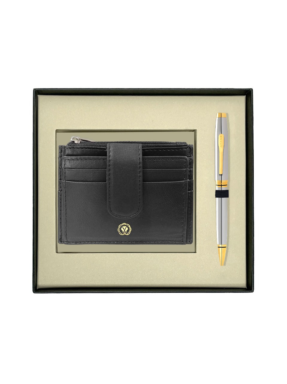CROSS AT0662-2 COVENTRY SHINY CHROME GOLD TRIM BALLPOINT PEN WITH CARD HOLDER | GIFT SET