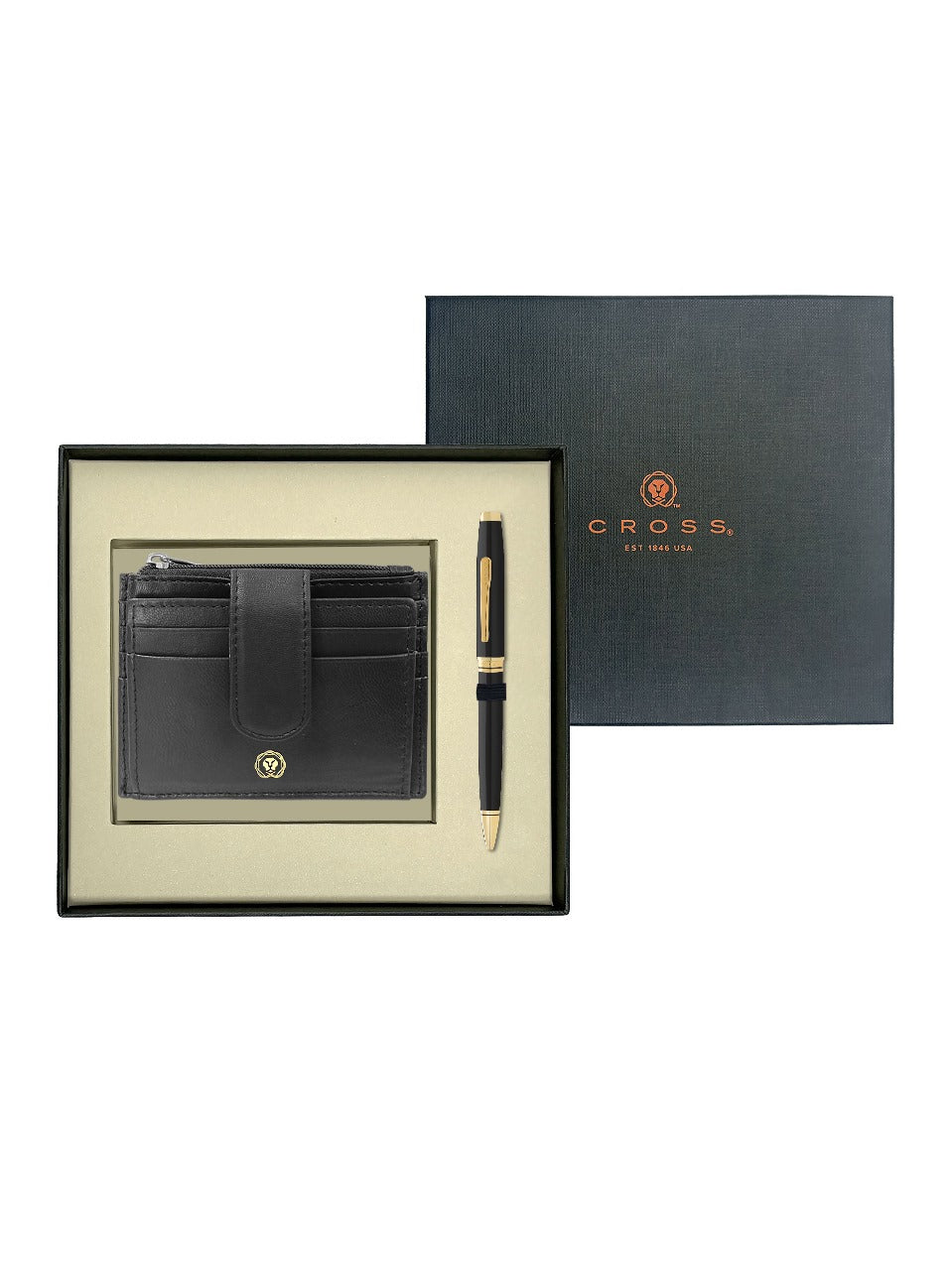 CROSS AT0662-11 COVENTRY LAQUE BLACK GOLD TRIM BALLPOINT PEN WITH CARD HOLDER | GIFT SET