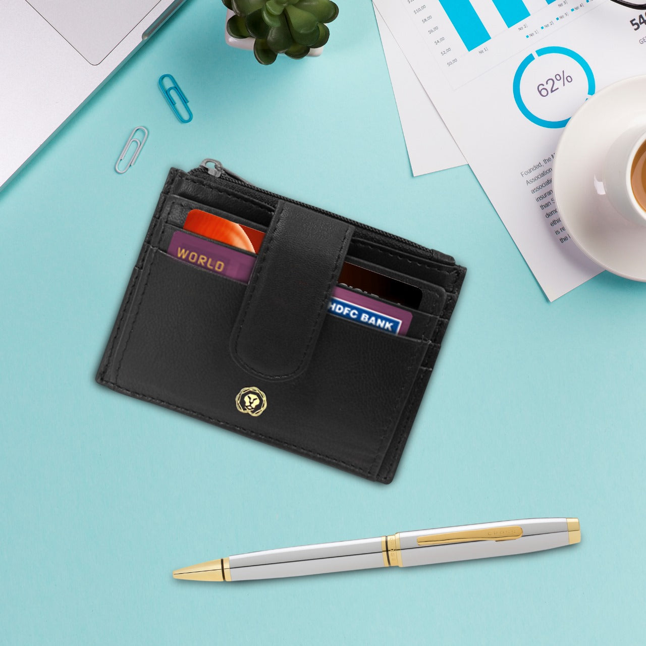 CROSS AT0662-2 COVENTRY SHINY CHROME GOLD TRIM BALLPOINT PEN WITH CARD HOLDER | GIFT SET