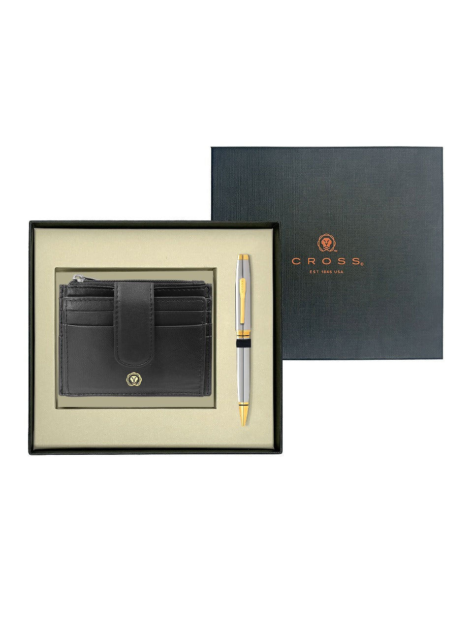 CROSS AT0662-2 COVENTRY SHINY CHROME GOLD TRIM BALLPOINT PEN WITH CARD HOLDER | GIFT SET