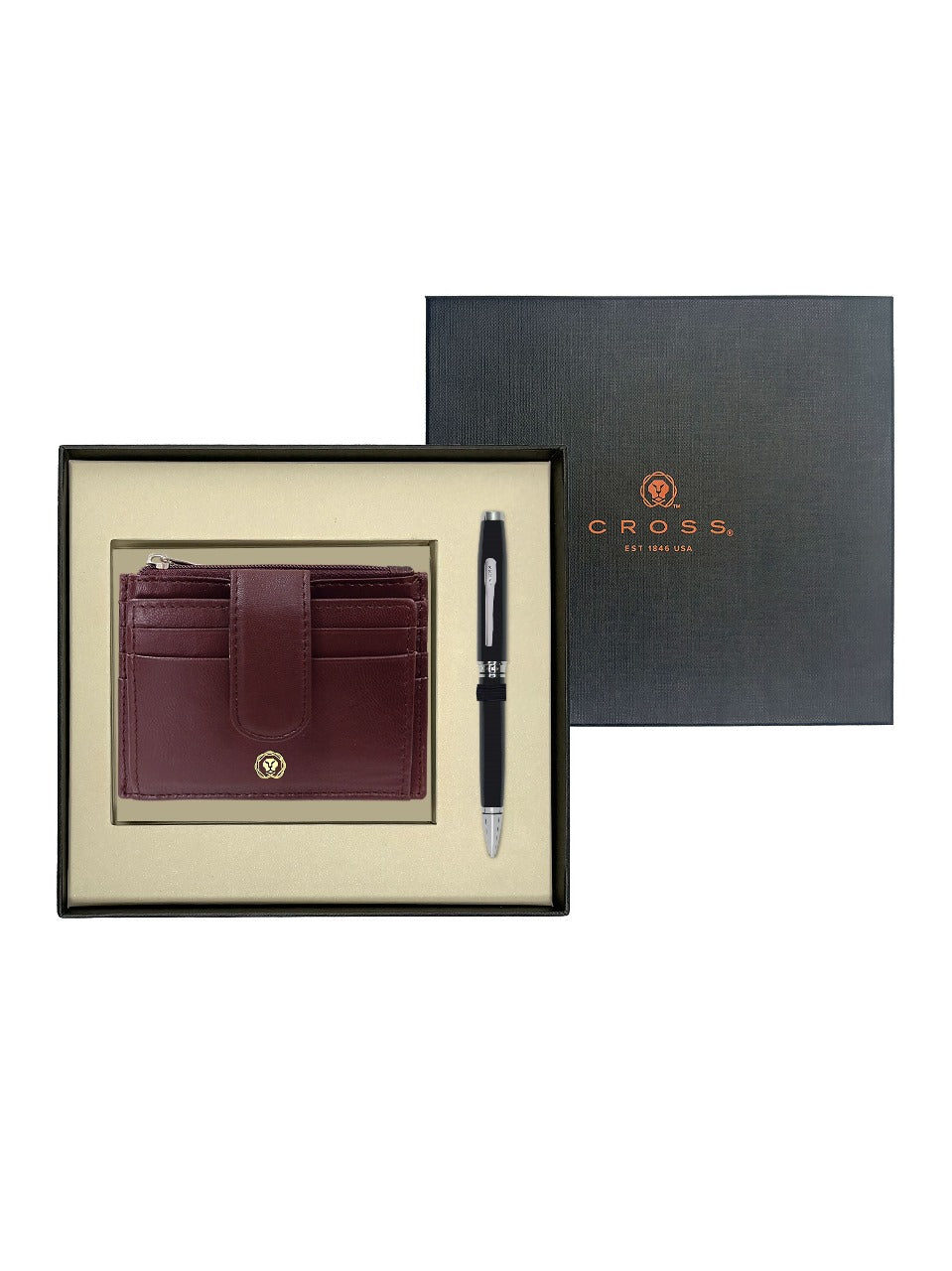 CROSS AT0662-6 COVENTRY LAQUE BLACK CHROME TRIM BALLPOINT PEN WITH BROWN CARD HOLDER | GIFT SET
