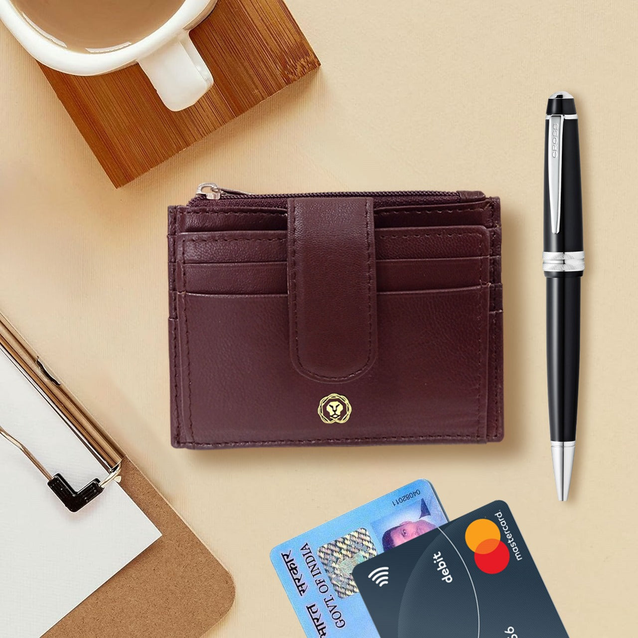 CROSS AT0742-1 BAILEY LIGHT RESIN BLACK BALLPOINT PEN WITH BROWN CARD HOLDER | GIFT SET