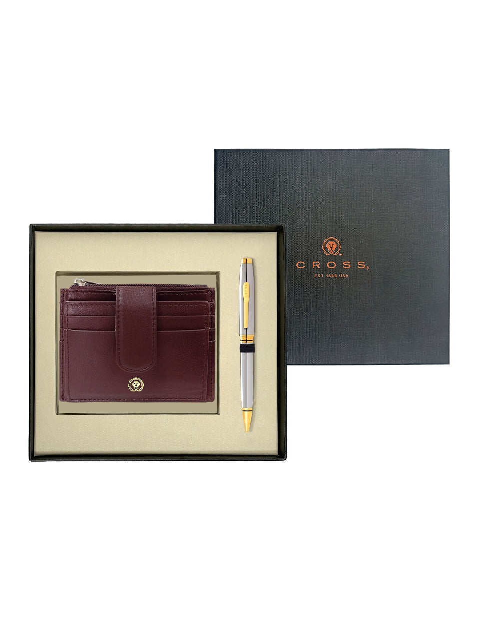 CROSS AT066-2 COVENTRY SHINY CHROME GOLD TRIM BALLPOINT PEN WITH BROWN CARD HOLDER | GIFT SET