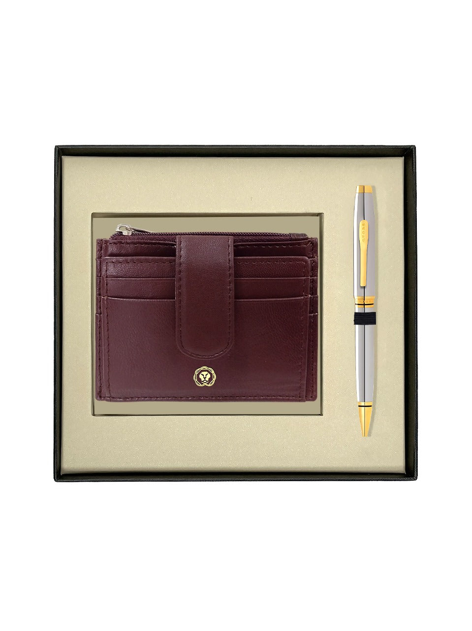 CROSS AT066-2 COVENTRY SHINY CHROME GOLD TRIM BALLPOINT PEN WITH BROWN CARD HOLDER | GIFT SET