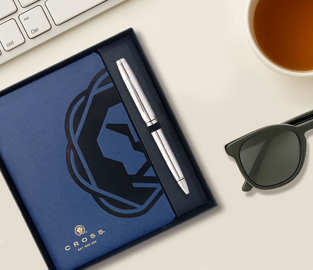 CROSS AT0662-7 COVENTRY POLISHED CHROME BALLPOINT PEN WITH BLUE NOTEBOOK | GIFT SET