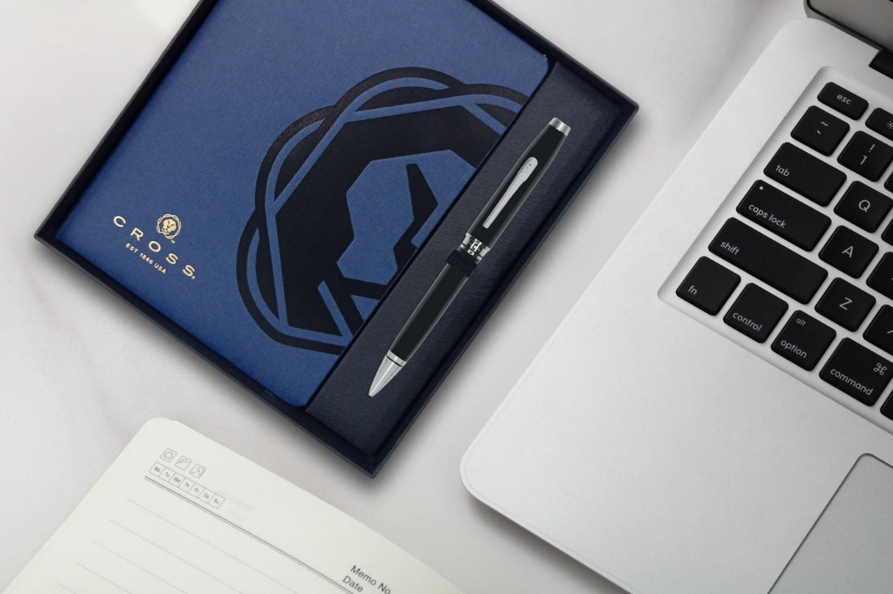 CROSS AT0662-6 COVENTRY LAQUE BLACK CHROME TRIM BALLPOINT PEN WITH BLUE NOTEBOOK | GIFT SET
