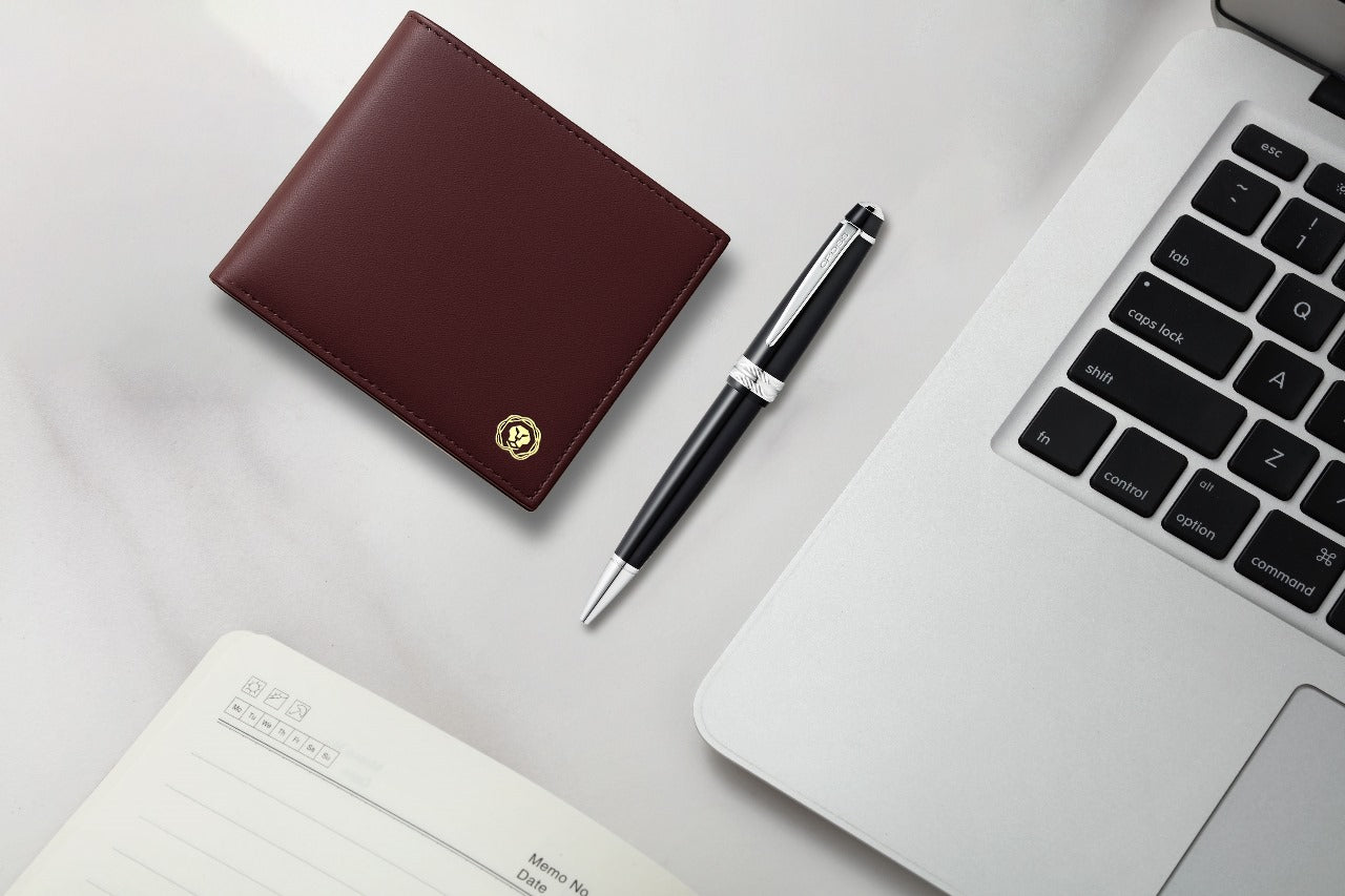 CROSS AT0742-1 BAILEY LIGHT RESIN BLACK BALLPOINT PEN WITH BROWN WALLET | GIFT SET