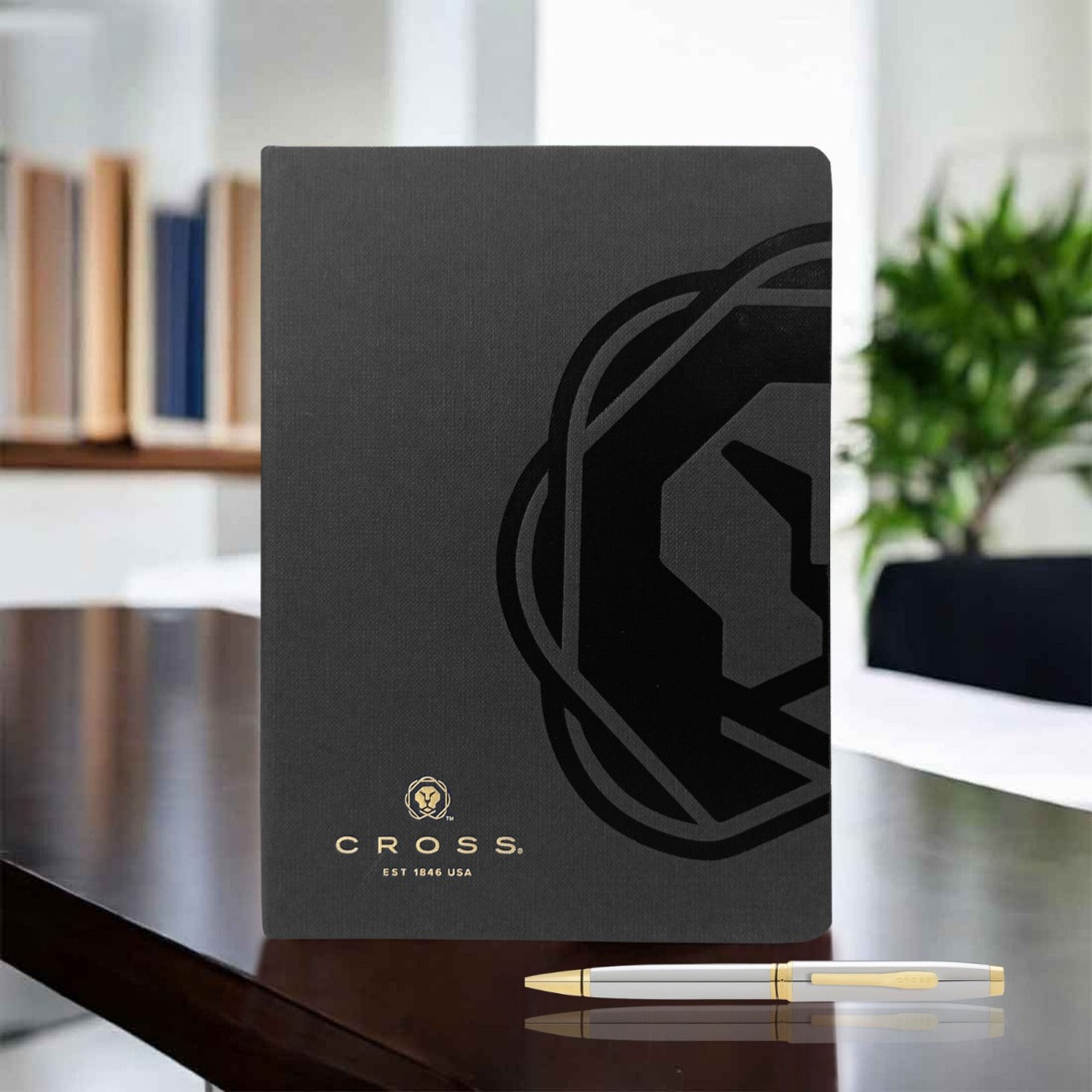 CROSS AT0662-2 COVENTRY POLISHED CHROME GOLD TRIM BALLPOINT PEN WITH BLACK NOTEBOOK | GIFT SET