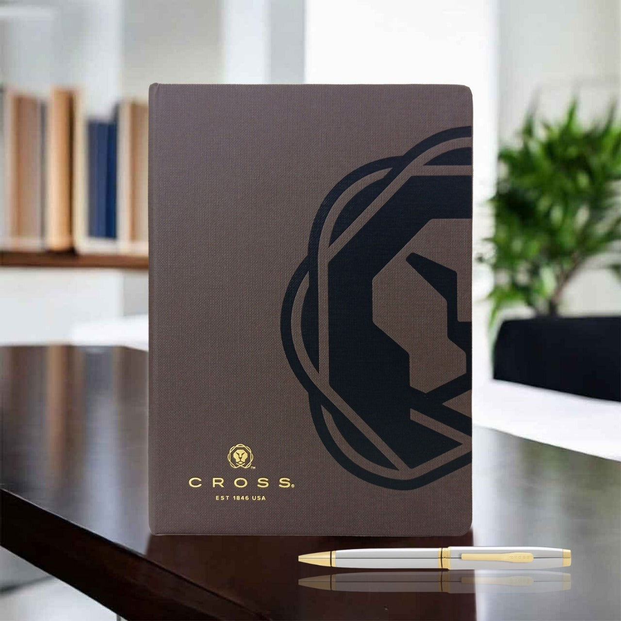 CROSS AT0662-2 COVENTRY POLISHED CHROME GOLD TRIM BALLPOINT PEN WITH BROWN NOTEBOOK | GIFT SET