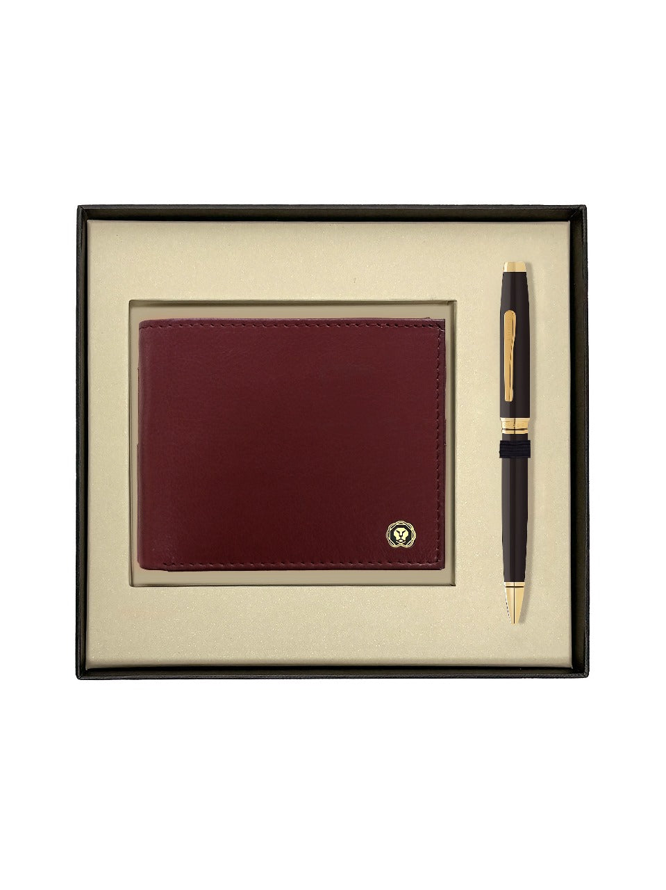 CROSS AT0662-11  COVENTRY LAQUE BLACK GOLD TRIM BALLPOINT PEN WITH BROWN WALLET | GIFT SET
