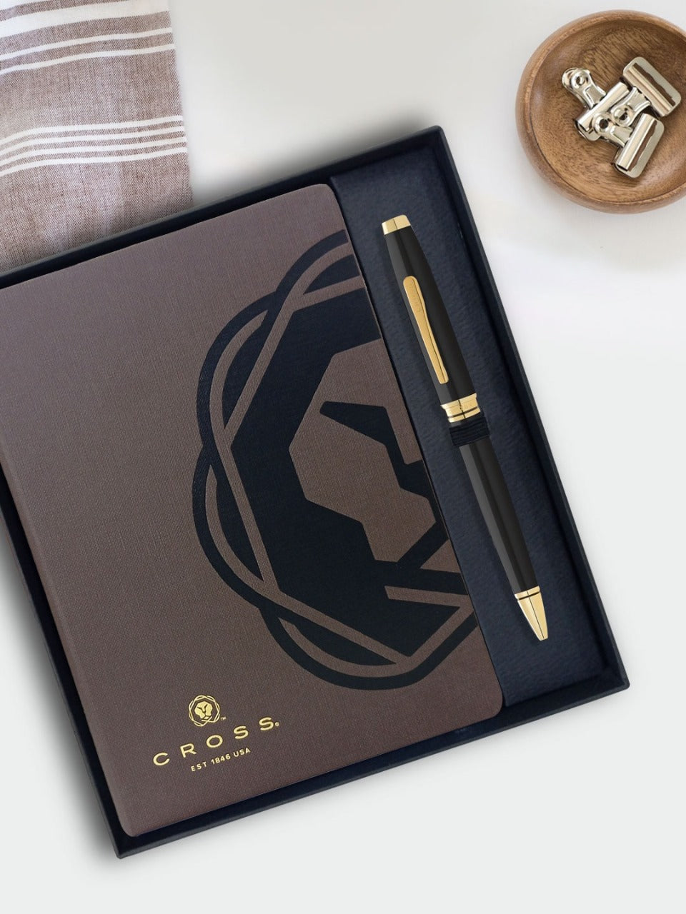 CROSS AT0662-11 COVENTRY LAQUE BLACK GOLD TRIM BALLPOINT PEN WITH BROWN NOTEBOOK | GIFT SET