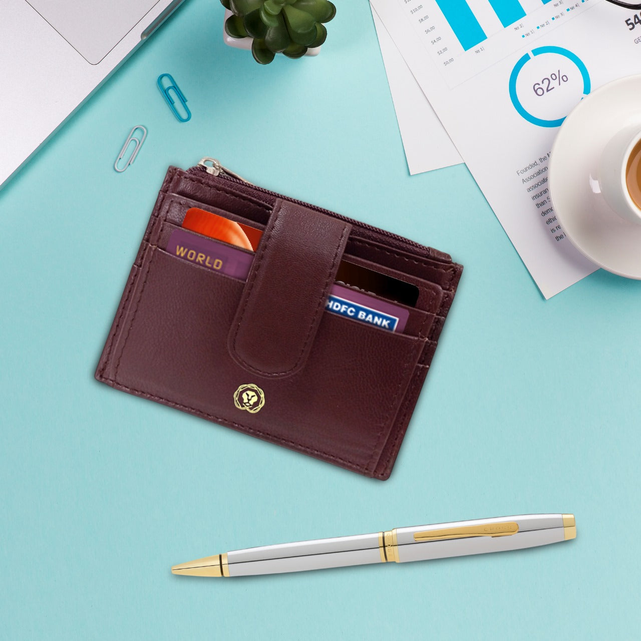 CROSS AT066-2 COVENTRY SHINY CHROME GOLD TRIM BALLPOINT PEN WITH BROWN CARD HOLDER | GIFT SET