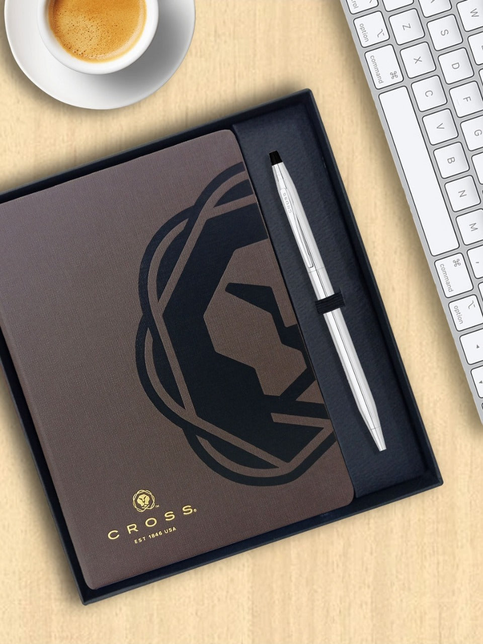 CROSS 3502 CENTURY LUSTROUS CHROME BALLPOINT PEN WITH BROWN NOTEBOOK | GIFT SET