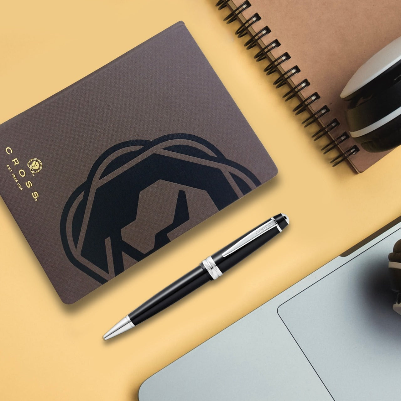 CROSS AT0742-1 BAILEY LIGHT RESIN BLACK BALLPOINT PEN WITH BROWN NOTEBOOK | GIFT SET
