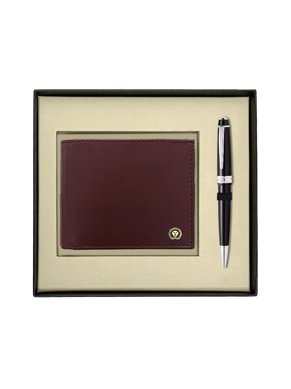 CROSS AT0742-1 BAILEY LIGHT RESIN BLACK BALLPOINT PEN WITH BROWN WALLET | GIFT SET