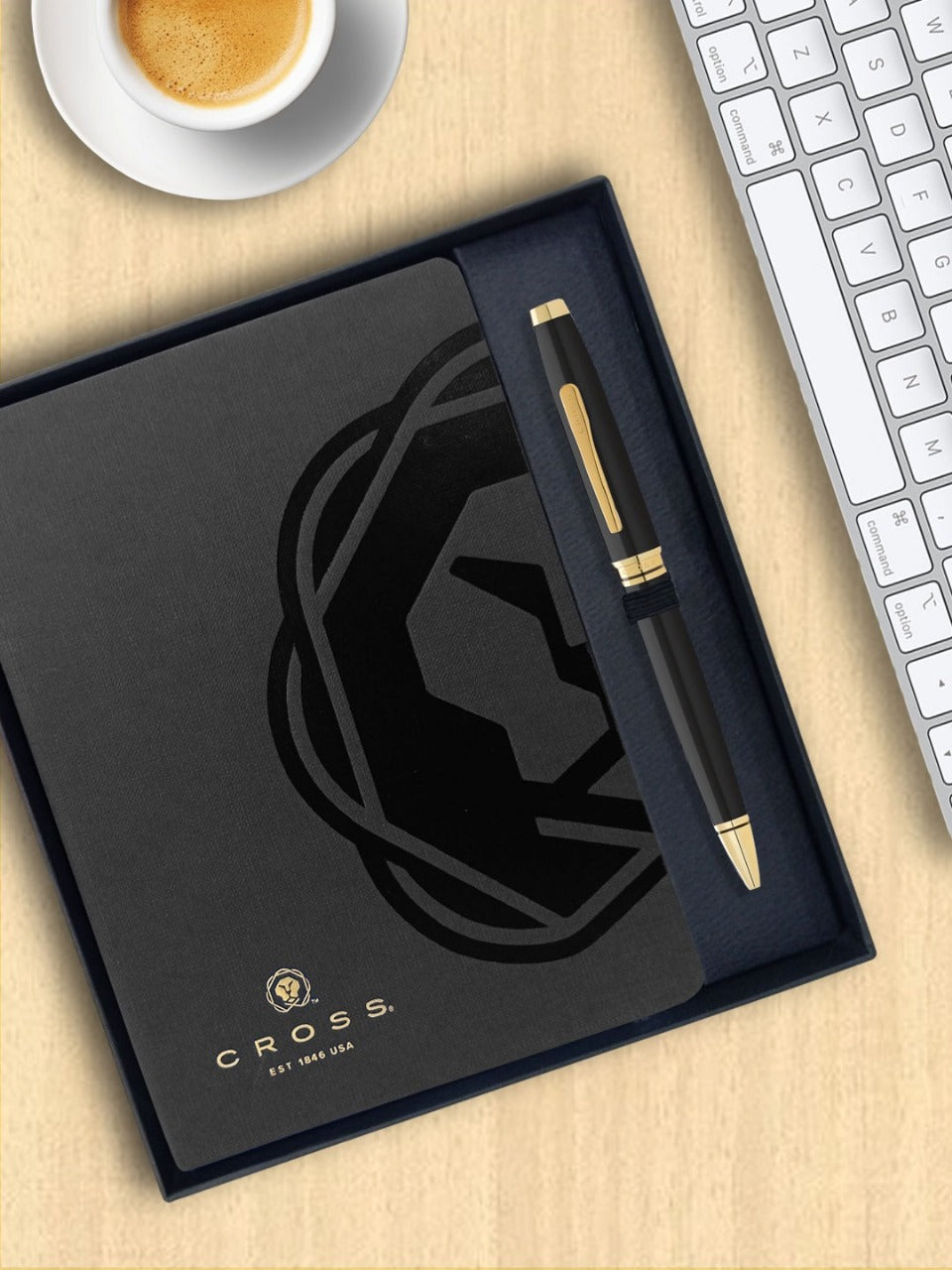 CROSS AT0662-11 COVENTRY LAQUE BLACK GOLD TRIM BALLPOINT PEN WITH BLACK NOTEBOOK | GIFT SET