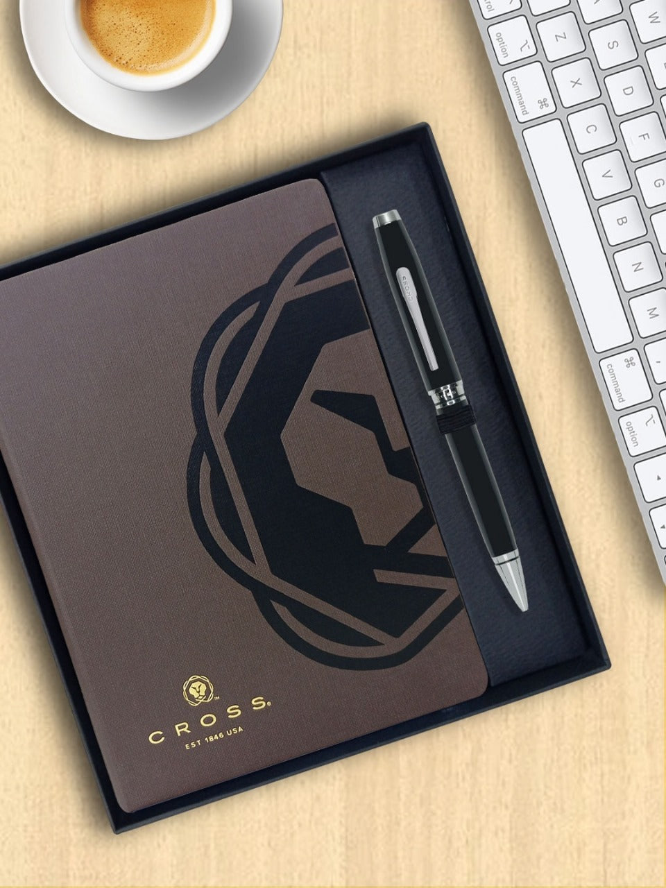 CROSS AT0662-6 COVENTRY LAQUE BLACK CHROME TRIM BALLPOINT PEN WITH BROWN NOTEBOOK | GIFT SET