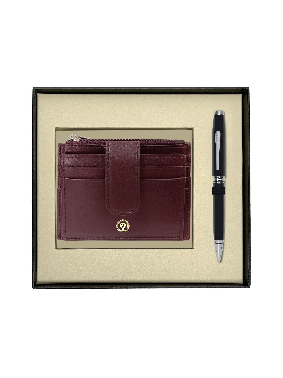 CROSS AT0662-6 COVENTRY LAQUE BLACK CHROME TRIM BALLPOINT PEN WITH BROWN CARD HOLDER | GIFT SET