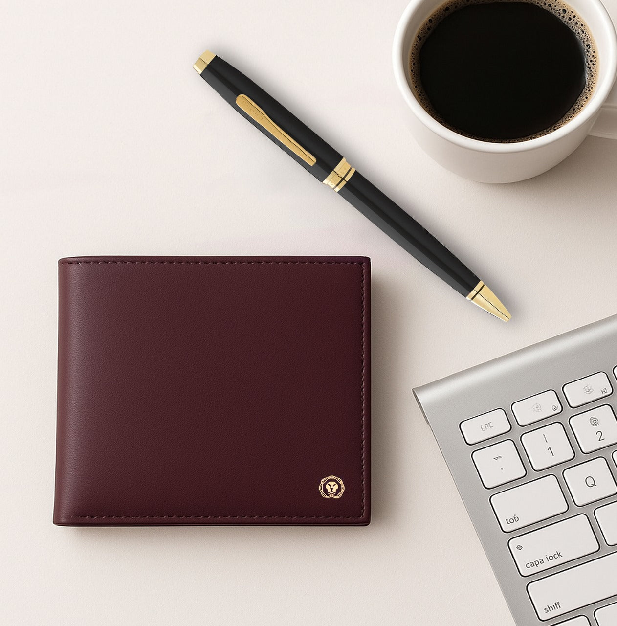 CROSS AT0662-11  COVENTRY LAQUE BLACK GOLD TRIM BALLPOINT PEN WITH BROWN WALLET | GIFT SET