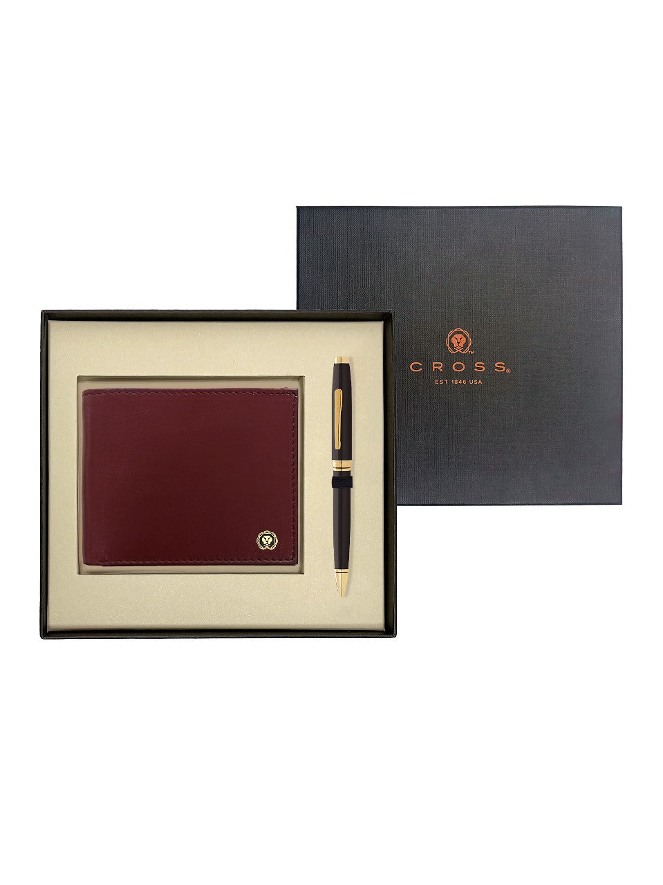 CROSS AT0662-11  COVENTRY LAQUE BLACK GOLD TRIM BALLPOINT PEN WITH BROWN WALLET | GIFT SET