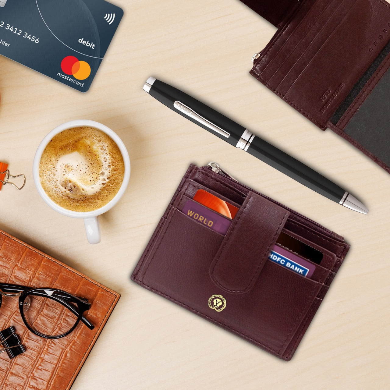 CROSS AT0662-6 COVENTRY LAQUE BLACK CHROME TRIM BALLPOINT PEN WITH BROWN CARD HOLDER | GIFT SET
