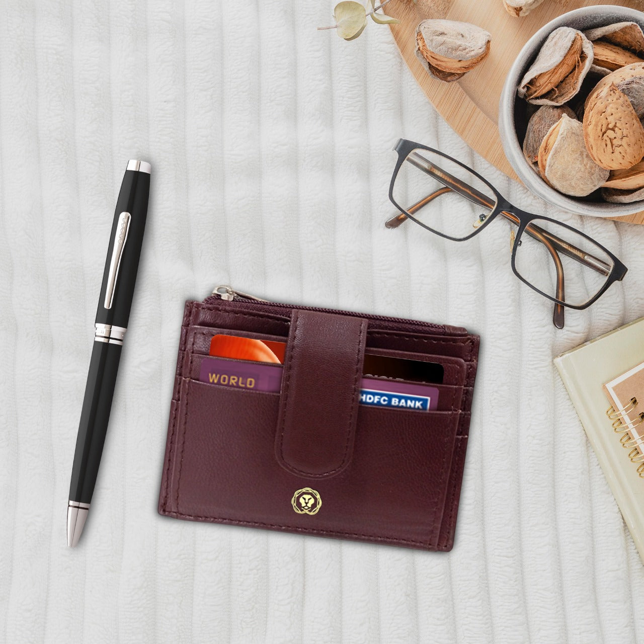 CROSS AT0662-6 COVENTRY LAQUE BLACK CHROME TRIM BALLPOINT PEN WITH BROWN CARD HOLDER | GIFT SET