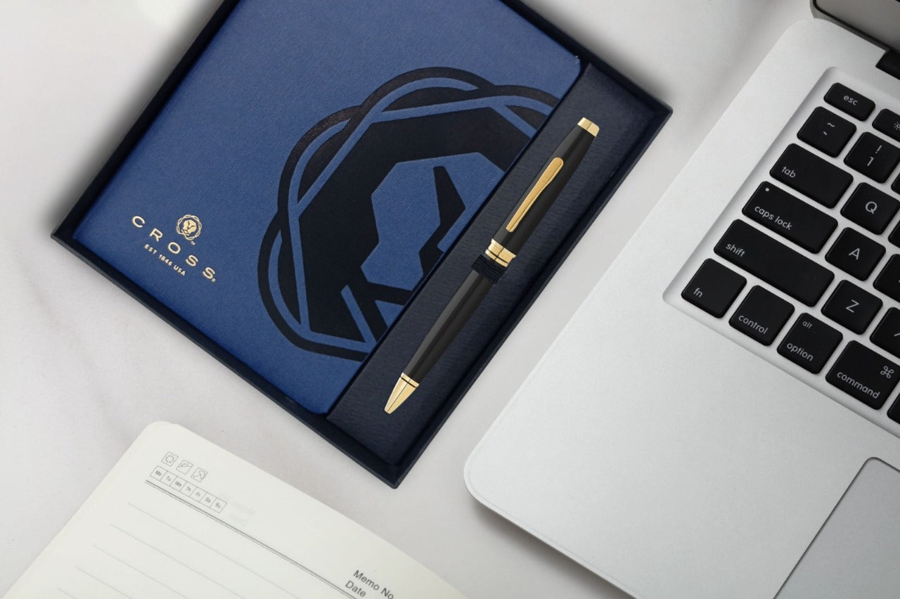 CROSS AT0662-11 COVENTRY LAQUE BLACK GOLD TRIM BALLPOINT PEN WITH BLUE NOTEBOOK | GIFT SET