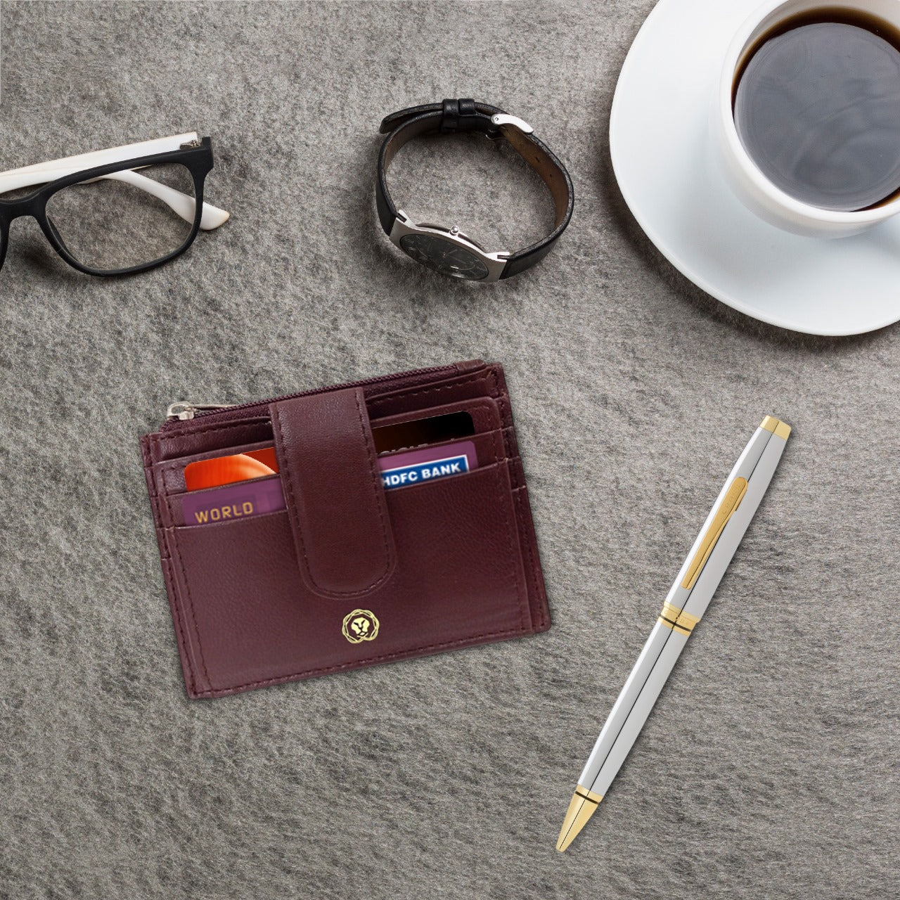 CROSS AT066-2 COVENTRY SHINY CHROME GOLD TRIM BALLPOINT PEN WITH BROWN CARD HOLDER | GIFT SET