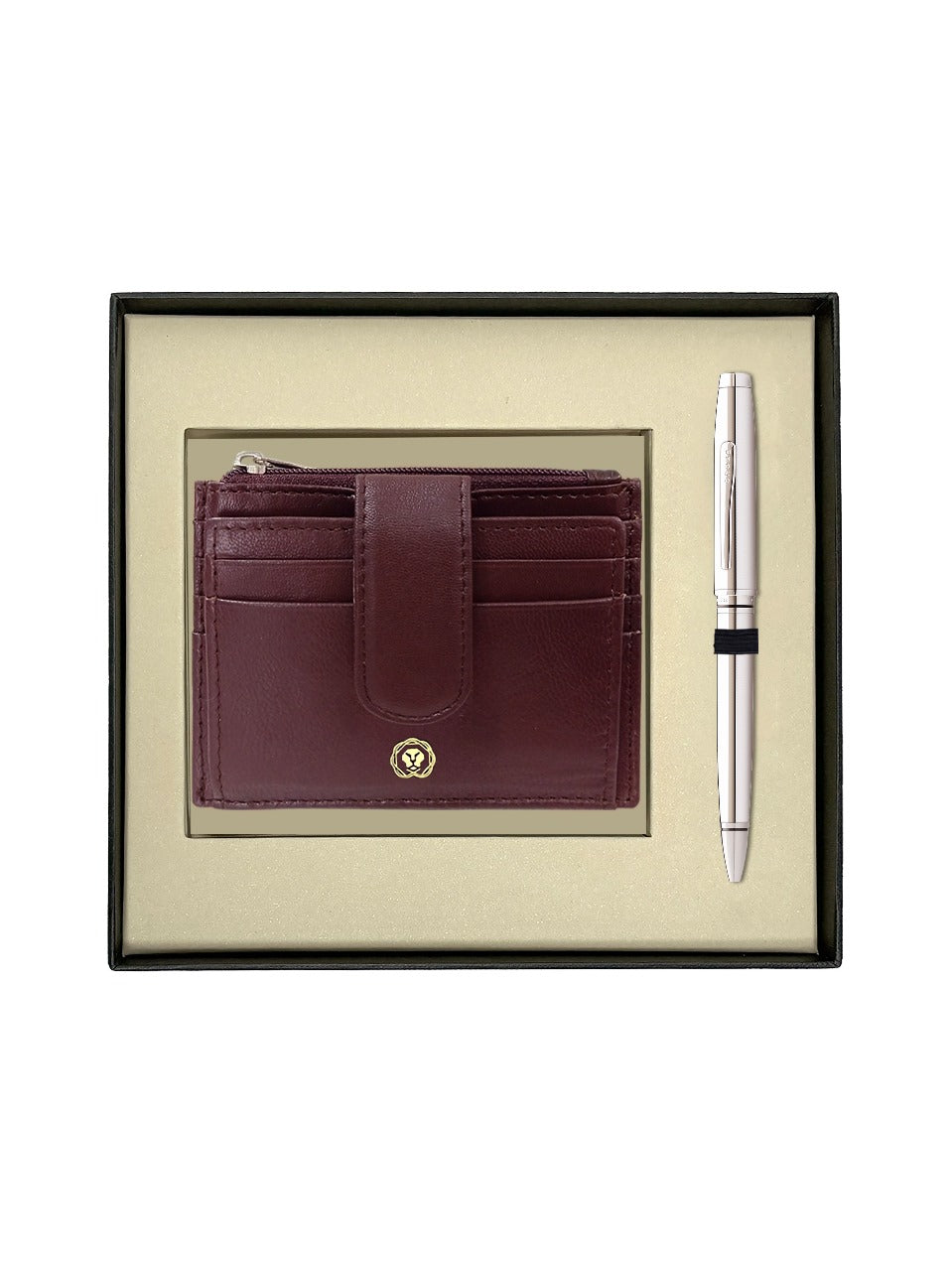CROSS AT0662-7 COVENTRY POLISHED CHROME BALLPOINT PEN WITH BROWN CARD HOLDER | GIFT SET