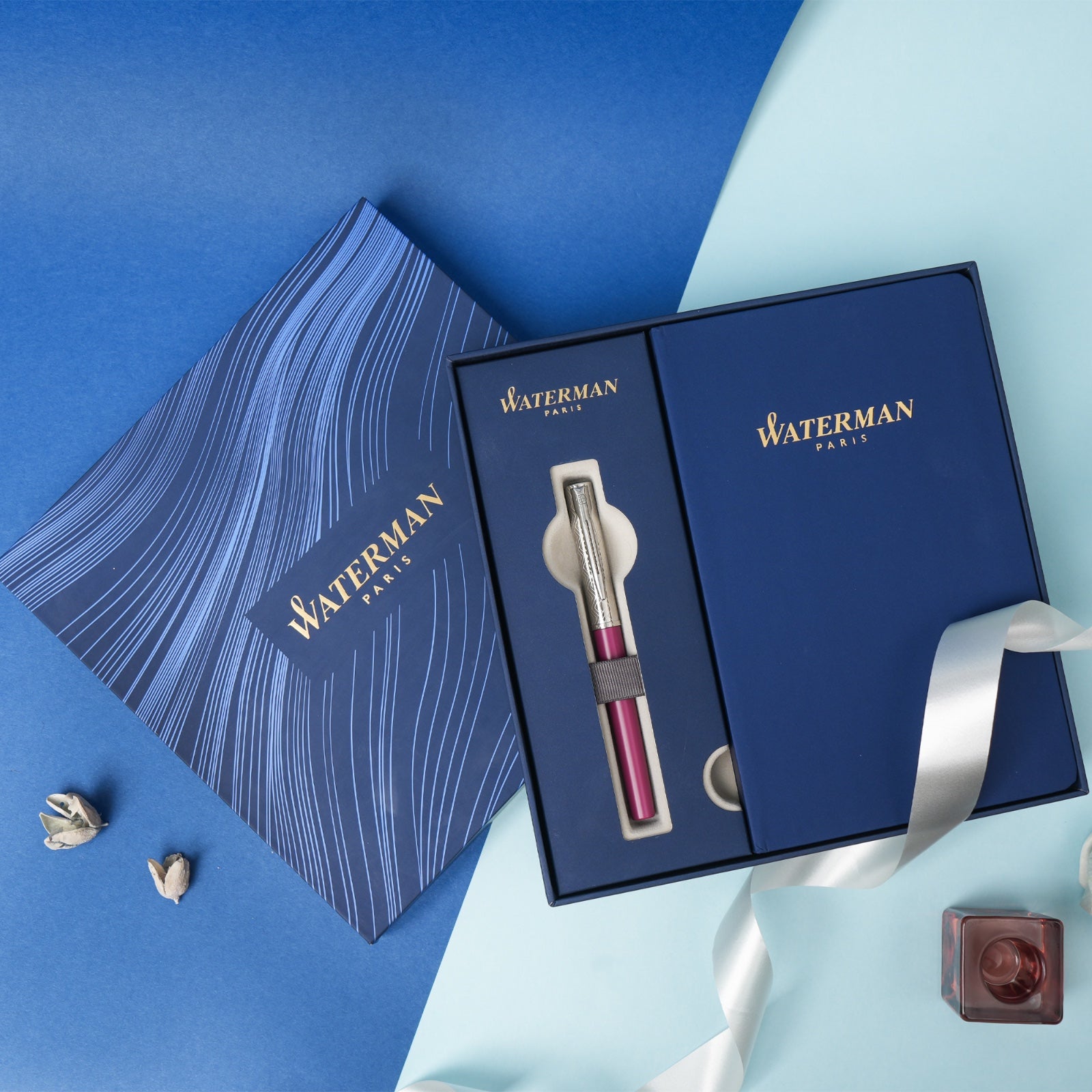 Waterman Allure Deluxe Pink Chrome Trim Fountain Pen with Waterman Notebook Gift Set