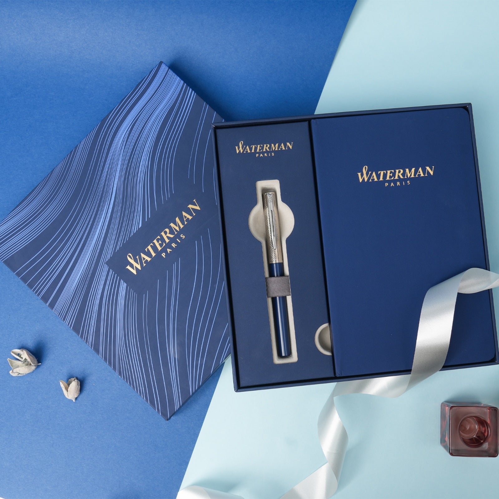 Waterman Allure Deluxe Blue Chrome Trim Fountain Pen with Waterman Notebook Gift Set