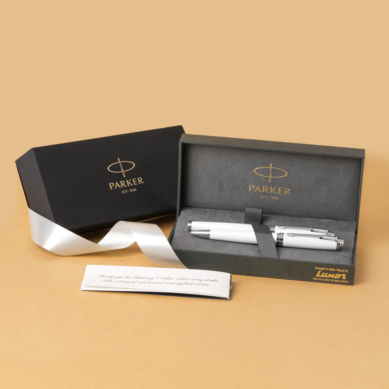 Parker Ambient White Chrome Trim Ball Pen + Rollerball Pen Gift Set