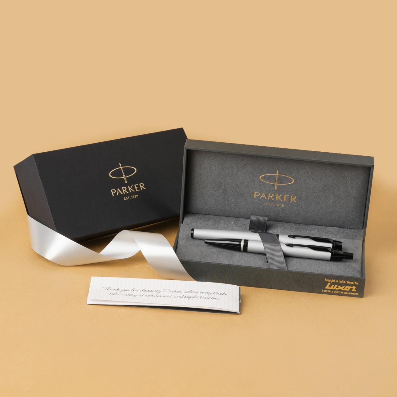 Parker Odyssey Dark Grey Black Metal Trim Ball Pen + Rollerball Pen Gift Set