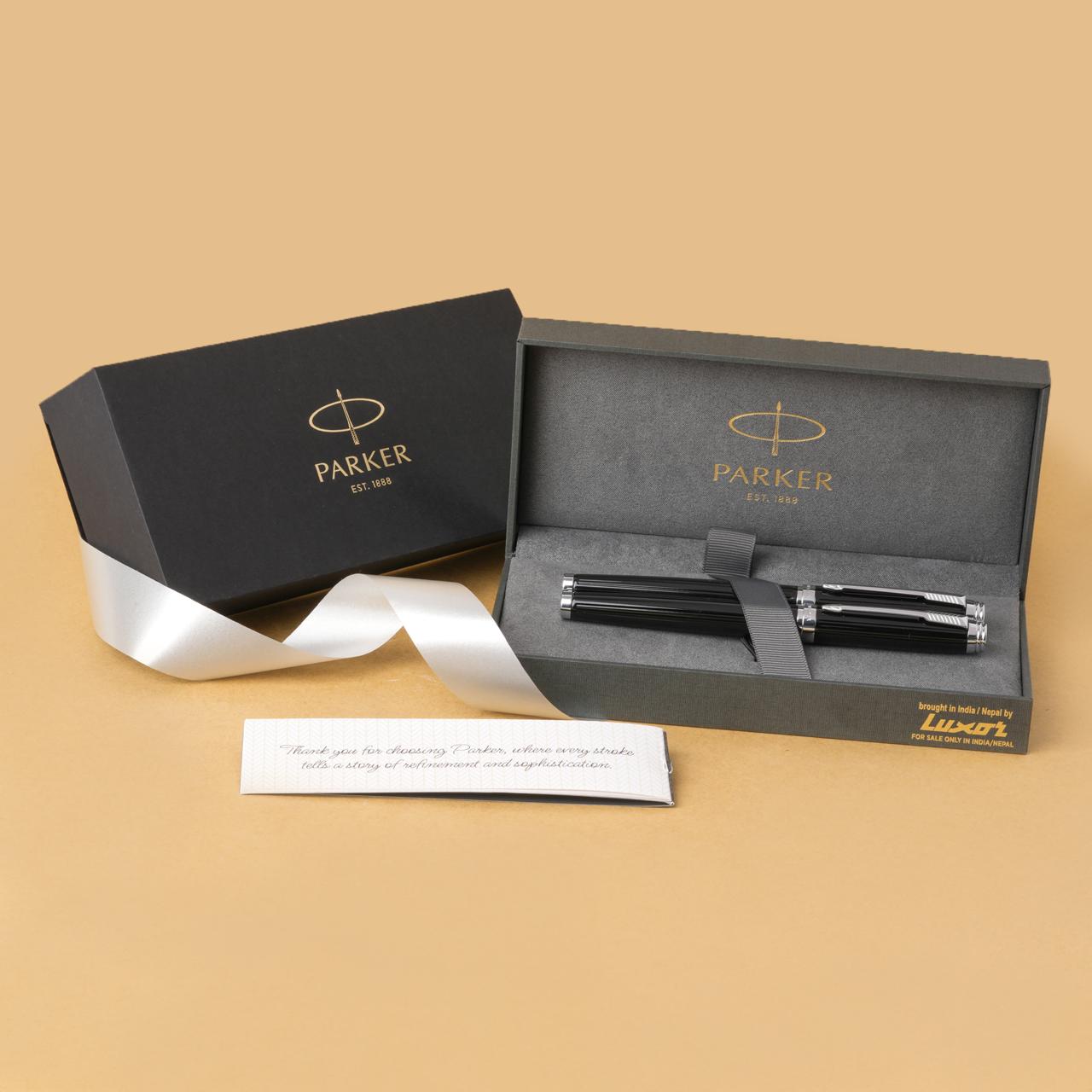 Parker Ambient Lacque Black Chrome Trim Rollerball Pen + Fountain Pen Gift Set