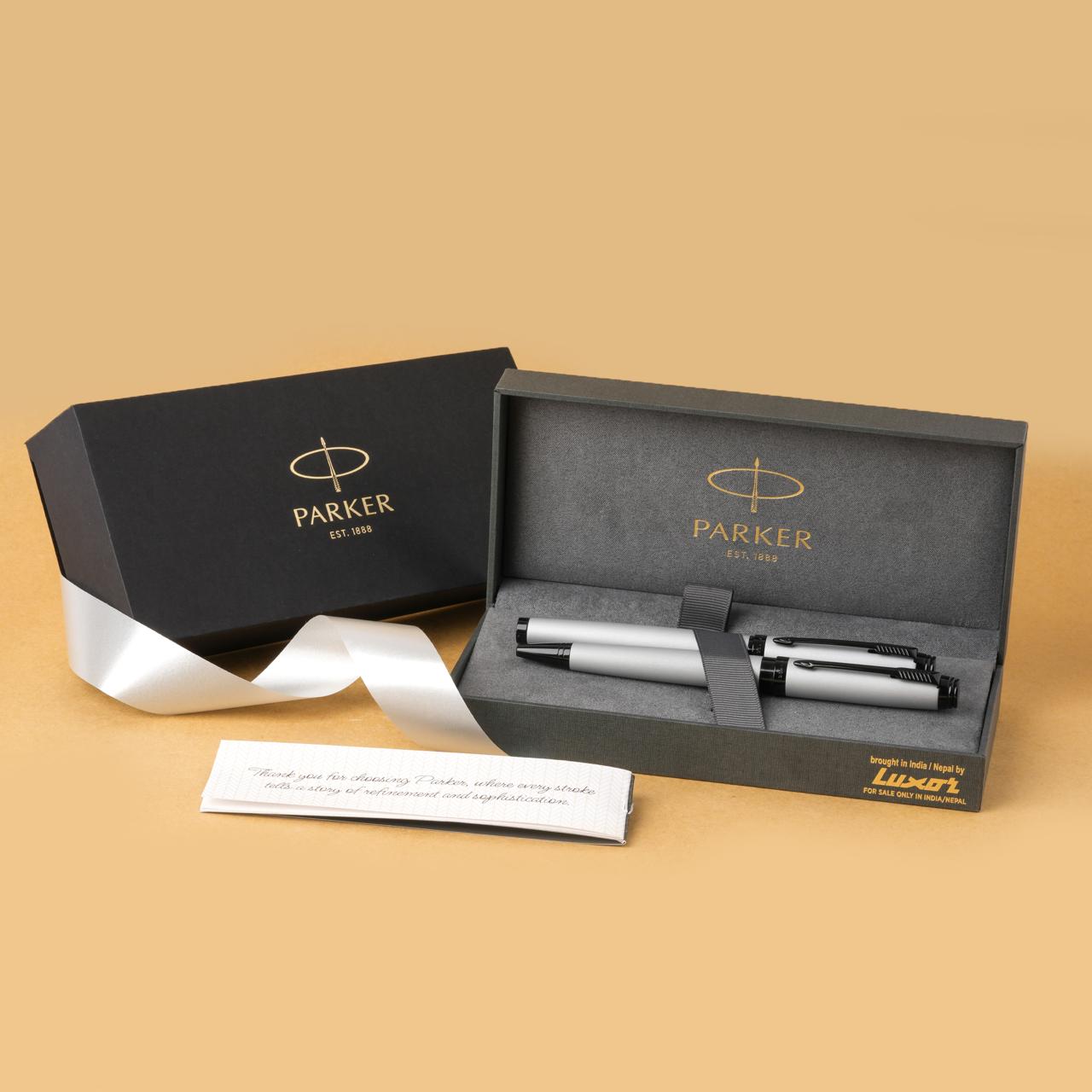 Parker Ambient Dark Grey Black Metal Trim Ball Pen + Rollerball Pen Gift Set