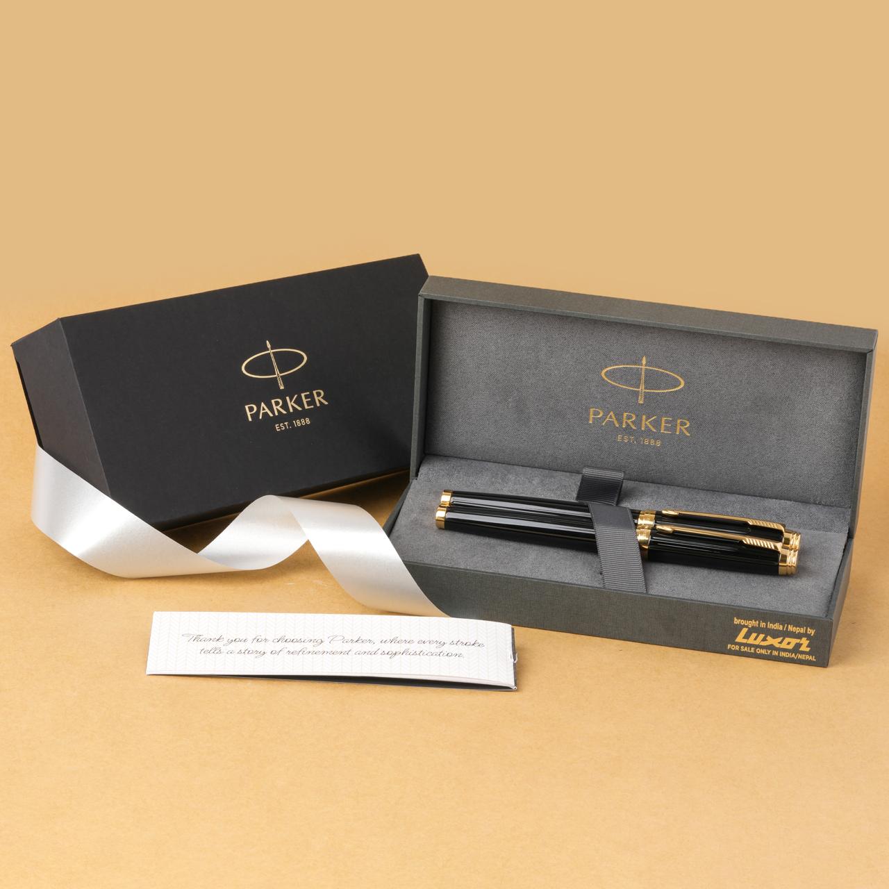 Parker Ambient Lacque Black Gold Trim Rollerball Pen + Fountain Pen Gift Set