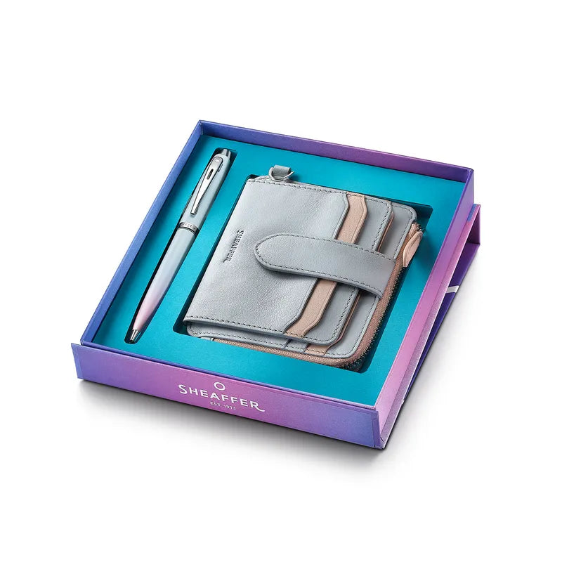 Sheaffer Expressions Gift Set 100 9376 Blue and Pink Pearlised Gradient  with Chrome Trims and Genuine Leather Wallet Ballpoint Pen